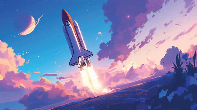 Space Shuttle Launch at Sunrise Vector Art Illustration