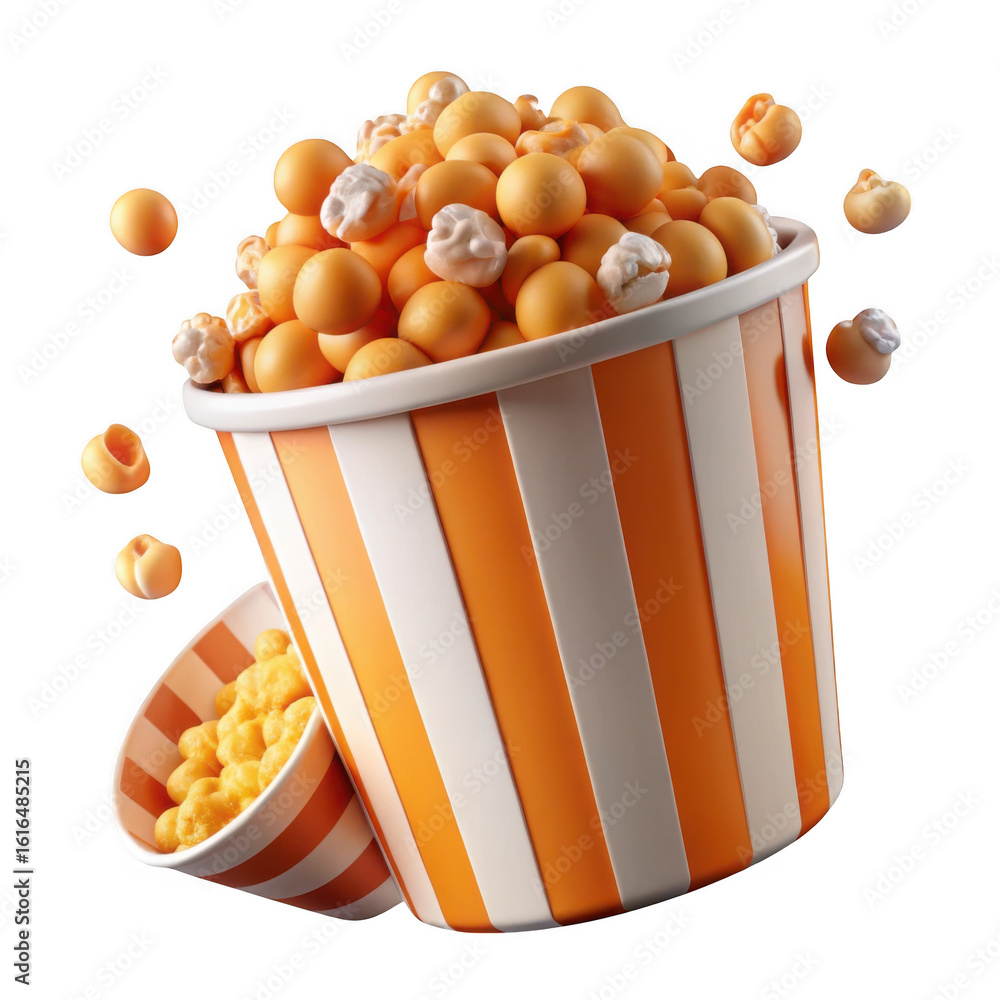 Poster two striped buckets overflowing with popcorn and scattered kernels isolated on transparent backgroun