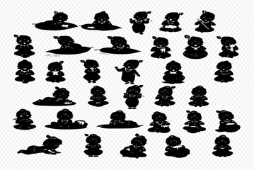 A collection of cartoon baby silhouettes in various poses, including sitting, lying down, and standing, against a white background.