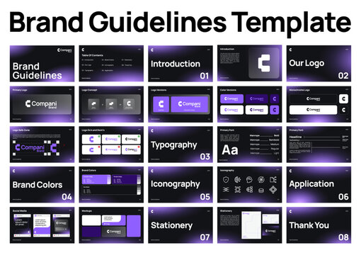 brand guide template Comprehensive dark theme technology Brand Guidelines Template Editable Brand Identity Kit with Typography, Color Palette, Logo Usage, and Layout Grid brand manual vector template