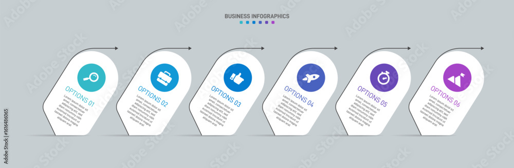 Poster progress bar featuring 6 arrow-shaped elements, symbolizing the six stages of business strategy and 