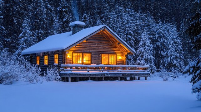 Snowy cabin at night with glowing windows pine backdrop and calm tone ideal for winter stories and holiday visuals