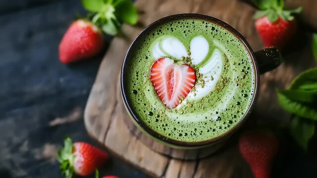 Delicious matcha latte with strawberries on a wooden board