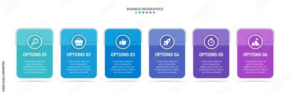 Poster progress bar featuring 6 arrow-shaped elements, symbolizing the six stages of business strategy and 