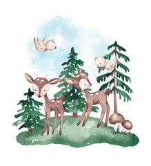 Woodland scene hand drawn with watercolor. Cute forest animals and plants. Gender neutral design. For card, banner, invitation, poster 