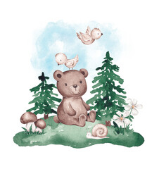 Woodland scene hand drawn with watercolor. Cute forest animals and plants. Gender neutral design. For card, banner, invitation, poster 