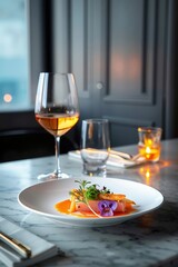 A white plate topped with food next to a glass of wine