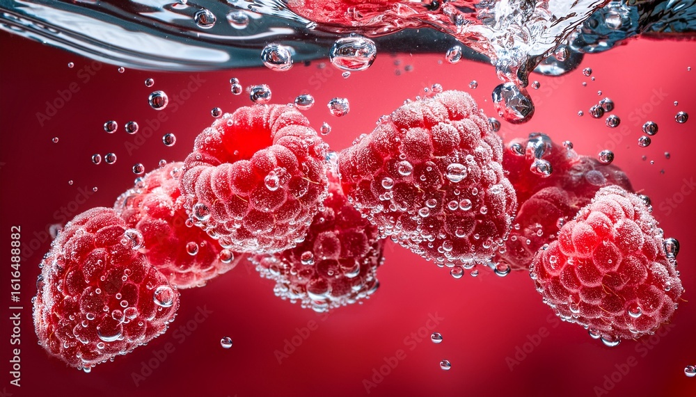 Poster raspberries floating in water with bubbles on a red background
