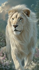 A white lion walking through a field of flowers