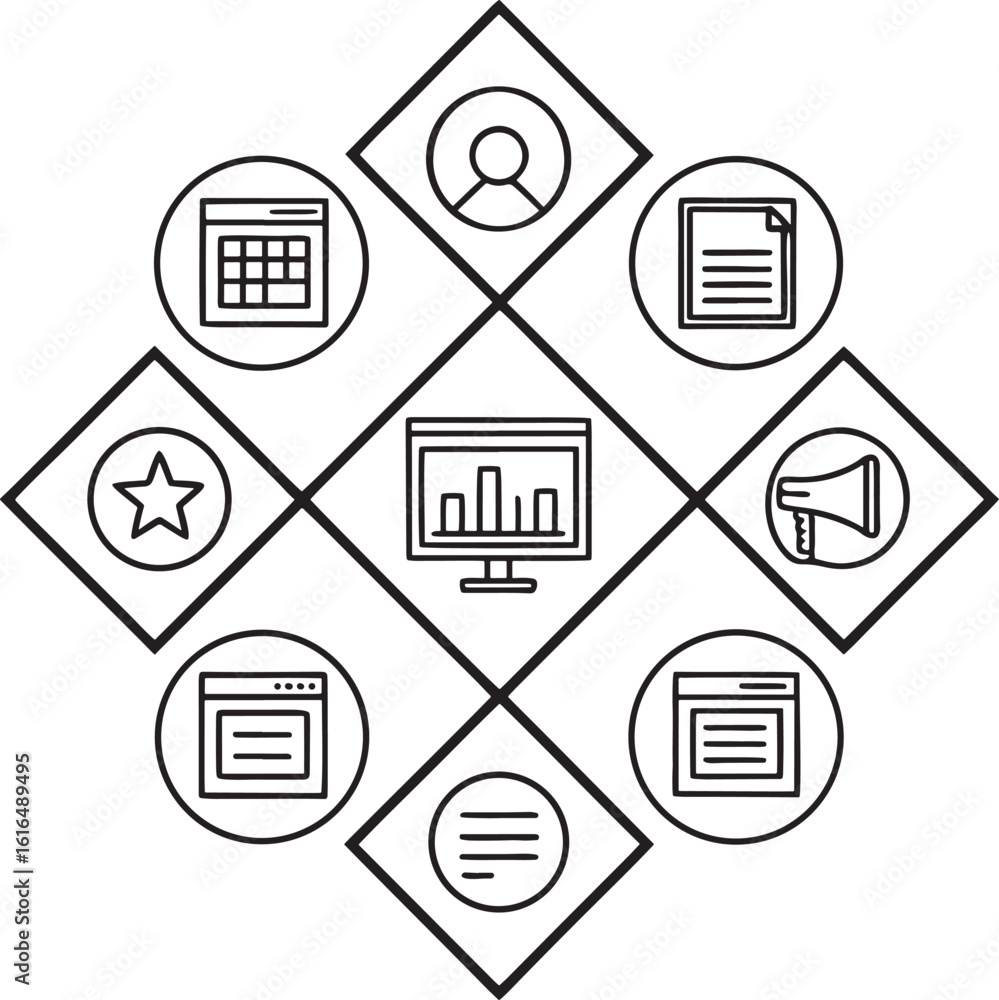 Poster abstract geometric shapes and lines forming a dynamic composition with vibrant color accents and a d