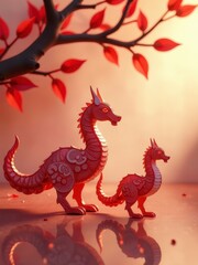 Two red dragon figurines under a branch with red leaves, representing Chinese New Year.