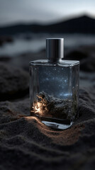 A bottle of perfume sitting on top of a sandy beach