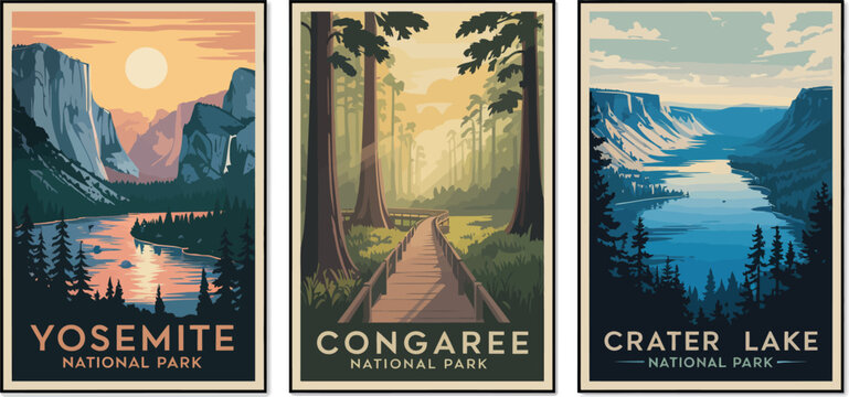 Three framed national park posters featuring yosemite congaree and crater lake