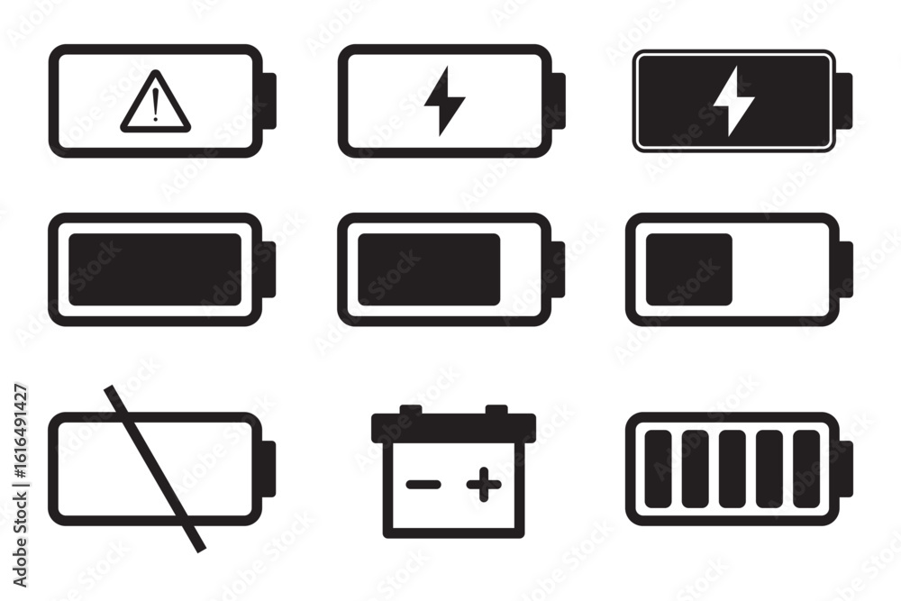 Poster battery charge level icons from empty to full vector
