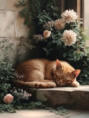 A cat sleeping on a window sill surrounded by flowers