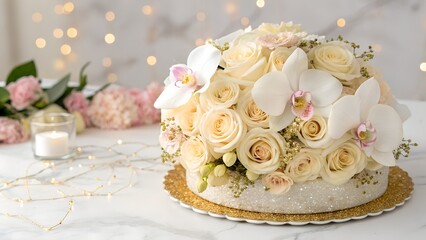 Creamy white roses and delicate white orchids arranged in a sparkling glitter cake topper on a marble surface with bokeh lights