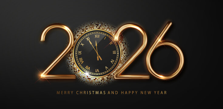 2026 Happy New Year countdown with golden clock and glitter. Shiny sparkles on dark background. Celebration banner or greeting card - Powered by Adobe