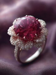 A pink tourmaline and diamond ring on a purple background
