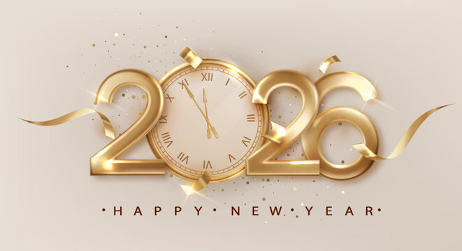 Golden clock strikes midnight. 2026 New Year countdown background with glowing sparkles and glitter light effect. Festive greeting card