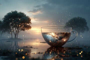 A cup of coffee sitting on top of a body of water