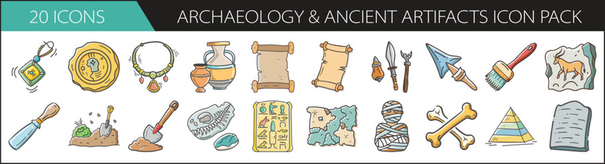 Archaeology and Ancient Artifacts Icon Set - Detailed archaeology icon pack with scrolls, tools, fossils, and relics ideal for history, excavation, and educational projects.
