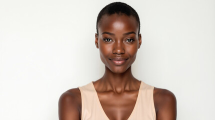 A beautiful Hispanic woman with a beaming smile on her face looks at the camera,  African woman with dark skin, elegant features, and a serene expression, against a plain white background