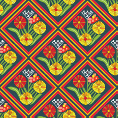 Pattern With Red And Yellow Flowers In Squares On A Dark Background.