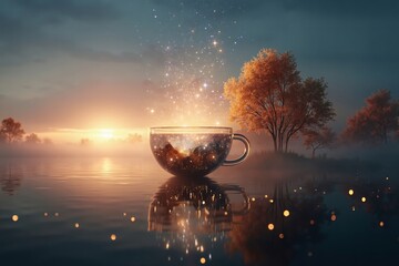 A cup of coffee sitting on top of a body of water