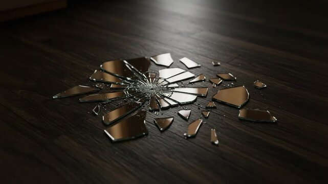 Broken mirror shards on wooden floor