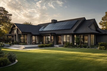 Obraz premium Modern home with solar panels, evening light