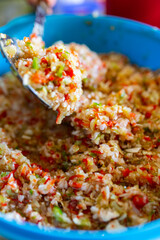 close up of shredded vegetables