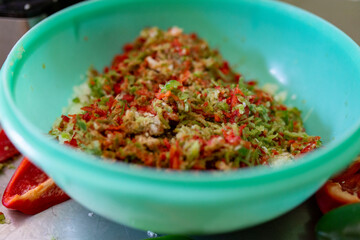 close up of shredded vegetables