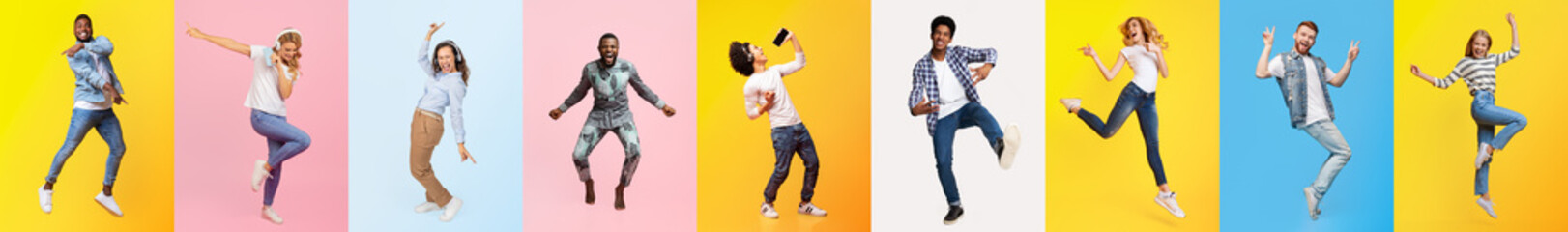 A vibrant collection features diverse individuals enjoying activities and expressing joy against...
