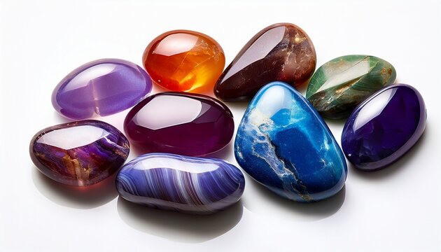 a variety of natural gemstones including amethyst lapis lazuli rose quartz citrine ruby amazonite moonstone labradorite chalcedony blue topaz among others displayed on a white background