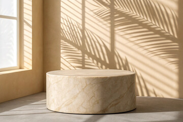 Marble product display podium with palm leaf shadow for cosmetic and beauty presentation background mockup