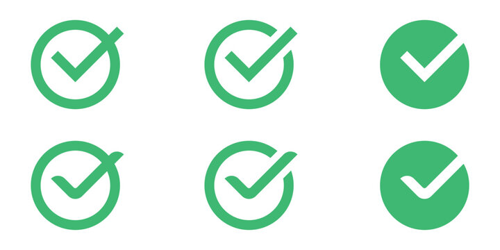 A set of green check mark icons in various styles and designs on a white background