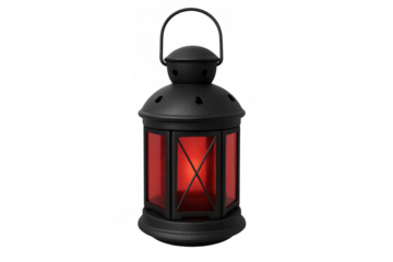 Black vintage lantern with red glass emitting warm light, isolated on transparent background, perfect for cozy and atmospheric scenes