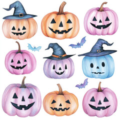Obraz premium Whimsical halloween watercolor: pastel pumpkins with playful faces and witch hats
