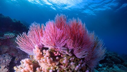 underwater shot of sharp coral spines in diverse pink and lavender hues crystal clear water