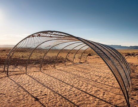 curved wire mesh structure standing on dry patchy ground in a rural landscape