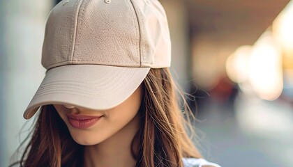 Young woman wearing beige baseball cap closeup portrait