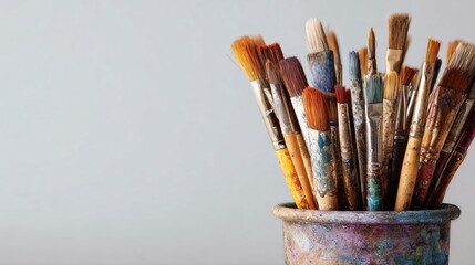 Creative Art Brushes in Paint Pot on White Background