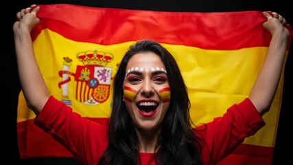 A woman with a happy smile face paint and a red shirt celebrating a victory with the Spanish flag a festive and proud patriotic sports fan for the world cup football soccer