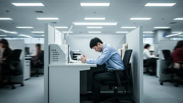 An Asian man hunched over a desk in a cubicle looking stressed a poignant and emotional image of office burnout mental stress and corporate life
