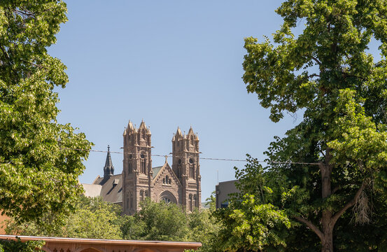 Historic twin tower framed by cathedral partially hidden by trees on sunny day