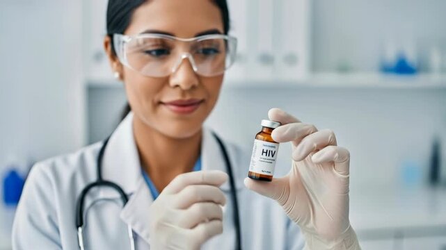 A woman scientist holding a vial of HIV virus a serious and professional image of medical research and virology in a laboratory