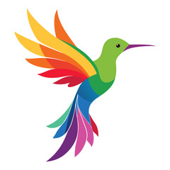 Obraz premium Vibrant rainbow hummingbird in flight with colorful wings and tail against a clean white background symbolizing nature and joy