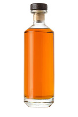 Full whiskey bottle with wooden cork on white background