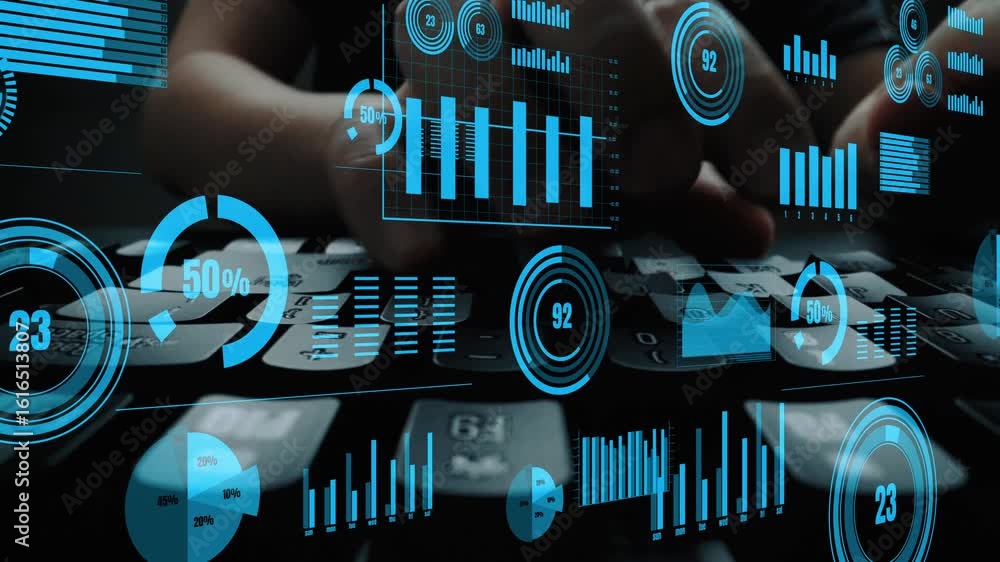 Poster a dynamic representation of data analysis featuring graphs and statistics overlays on a keyboard, em