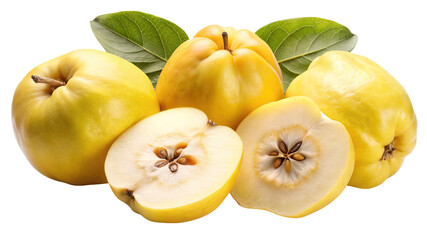 A cluster of ripe yellow quinces some whole and some halved showcasing their textured skin and star shaped core isolated on transparent background